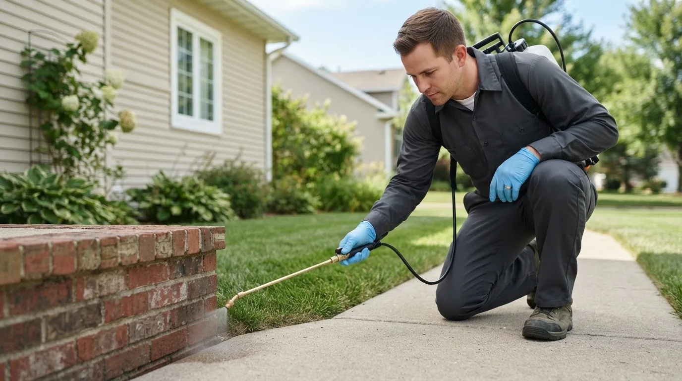 Pest control technician treating a home near Waunakee, WI